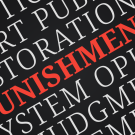 Words related to justice jumbled and cut off in the background, PUNISHMENT is in large red letters, clearly visible, centered.